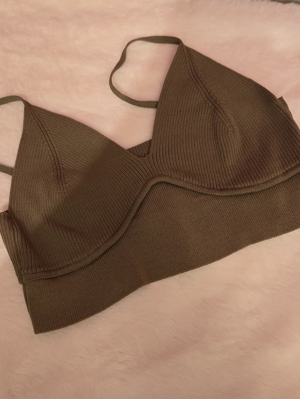 Zara Ribbed Knit Bralette Rich Olive-brown Tone Size L